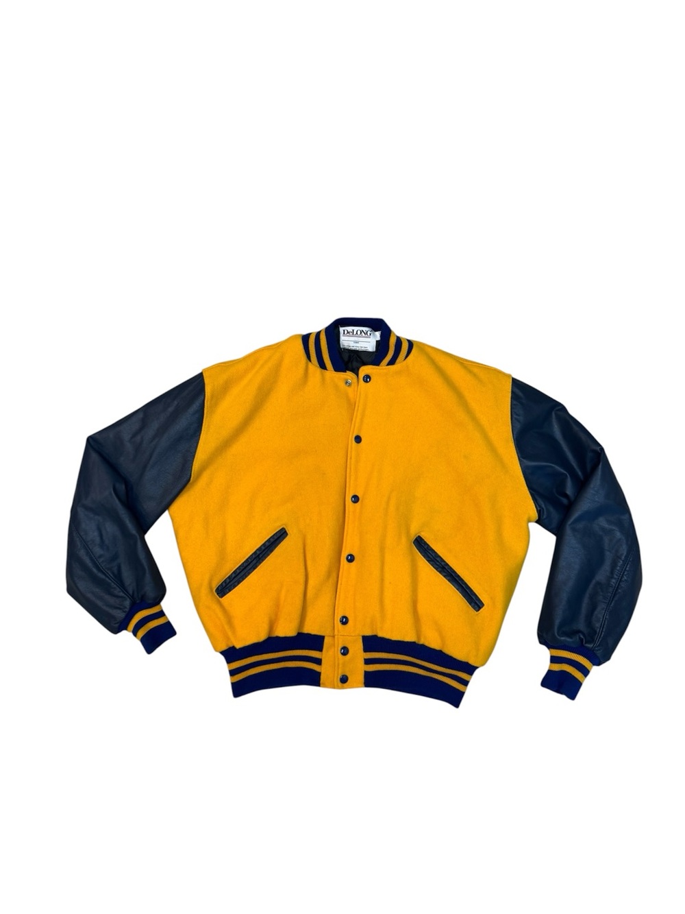 VTG DeLong Men’s Yellow Blue Wool Blend Varsity USA Made 80s Jacket Size XL